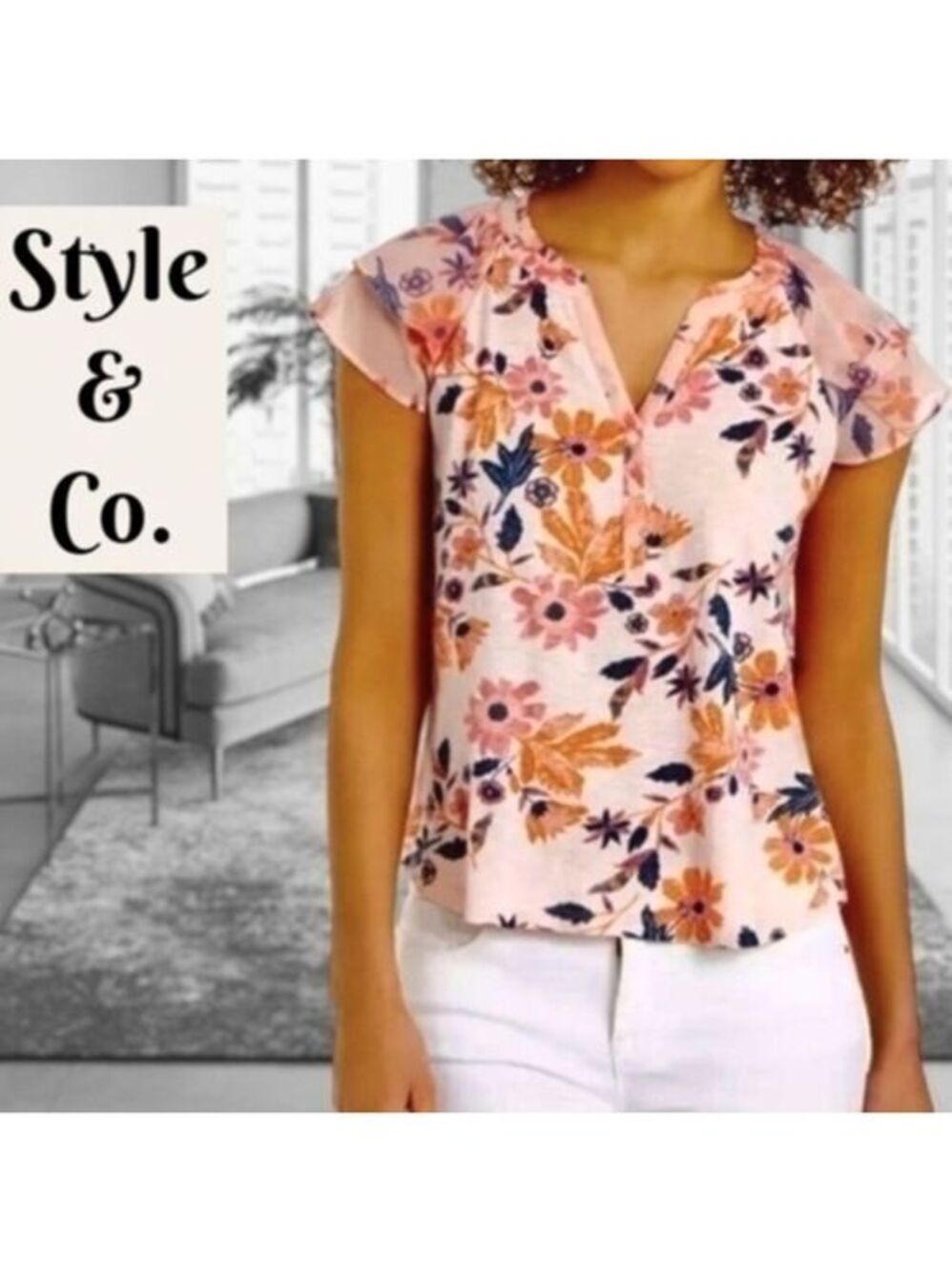 STYLE & CO Pink Floral Printed Split-Neck Flutter Sleeve Waist Length Top
